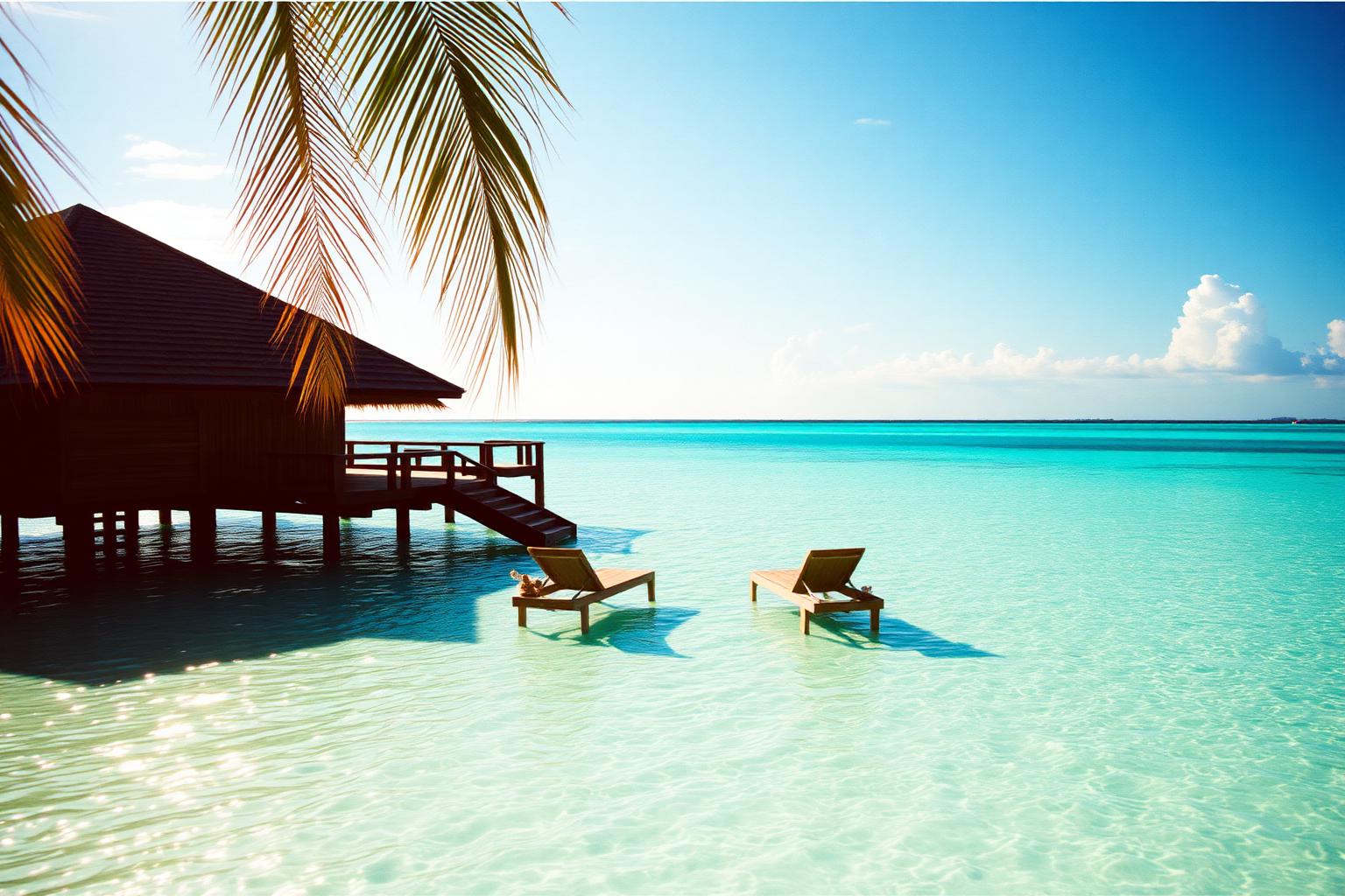 An overwater villa on a turquoise lagoon at golden hour